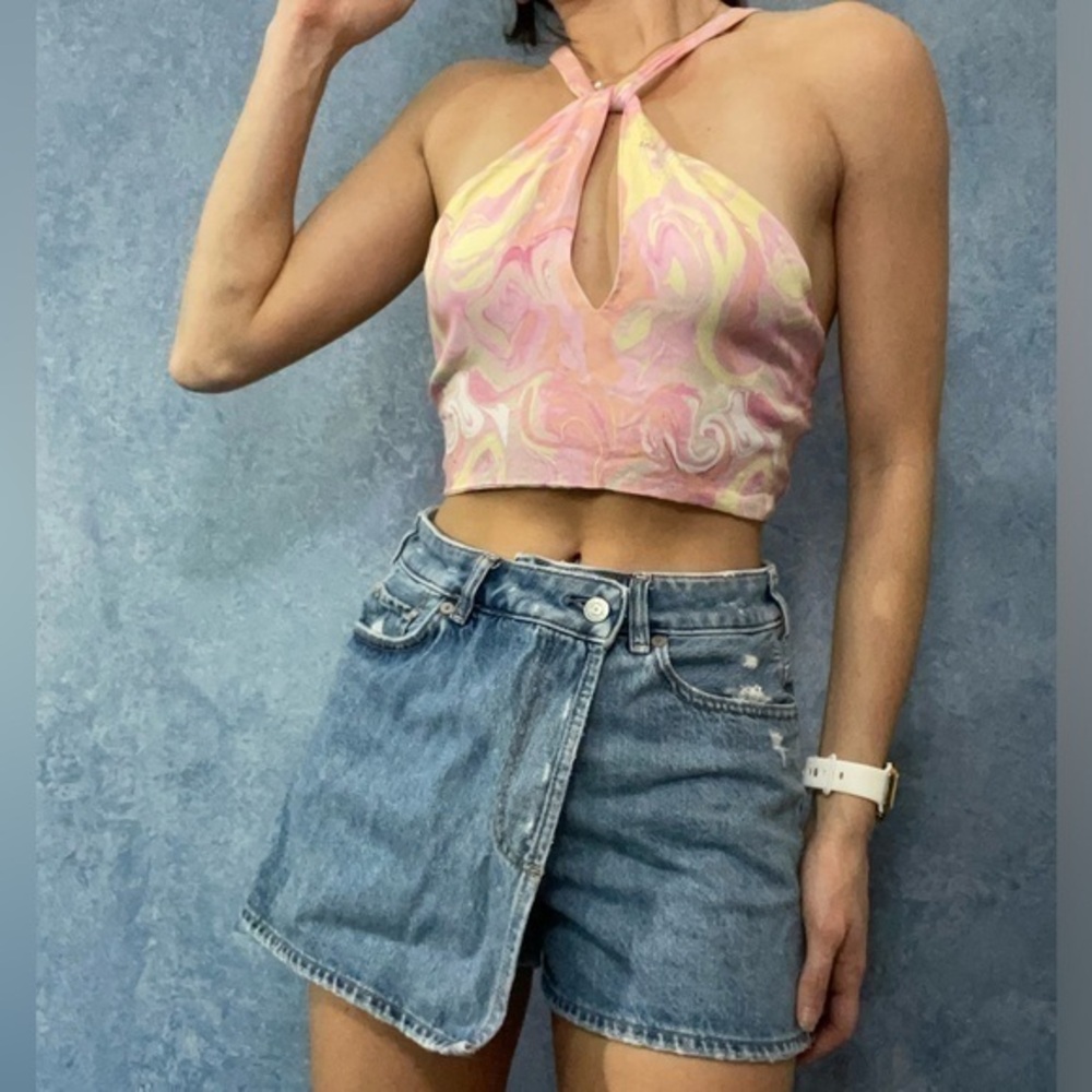 Zara Pink Printed Halter Crop Cami Top